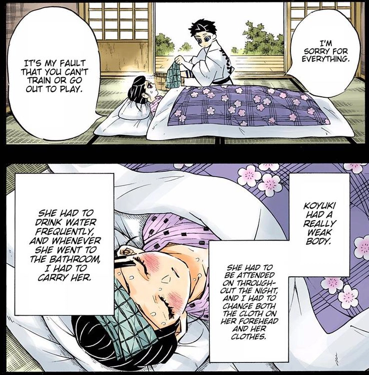 Hakuji caring for the bedridden Koyuki at the Soryu Dojo