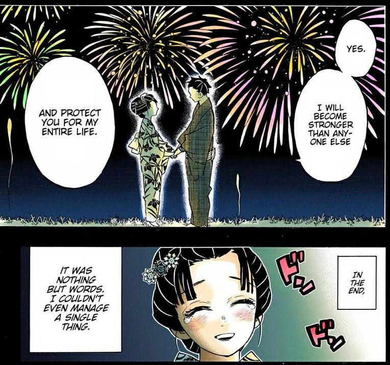 Hakuji and Koyuki making their promise beneath Edo period fireworks