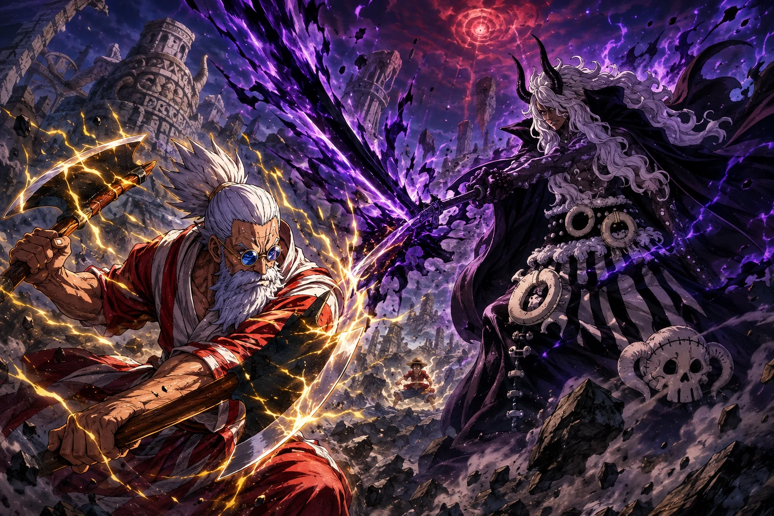 Scopper Gaban fighting Imu to protect Luffy in Elbaph